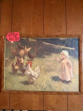 Vintage Framed Pastoral Print - Little Girl with Chickens